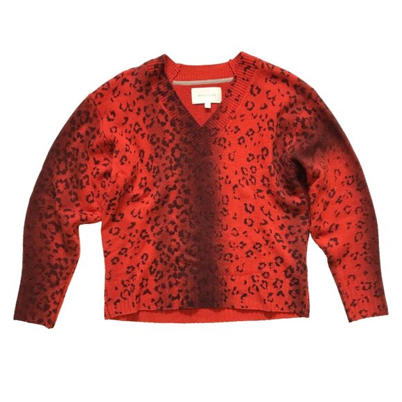 Brochu Walker Looker Layered Sweater Womens XS Red Orange Leopard V-Neck Wool - Picture 2 of 11